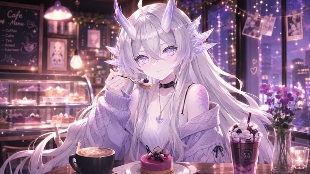 Lyss с десертом в вечерней кофейне